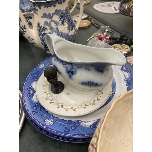 246 - AN OVAL PALISSY BLUE AND WHITE TUREEN AND COFFEE POT, ROYAL NORFOLK WILLOW PATTERNED PLATES, HEXAGON... 