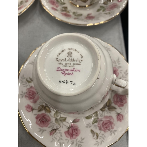 249 - A QUANTITY OF ROYAL ADDERLEY 'DEVONSHIRE ROSES' TO INCLUDE, A CAKE PLATE, CREAM JUG, CUPS AND SAUCER... 