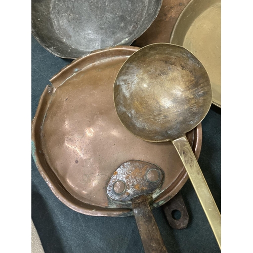 267 - SIX VINTAGE COPPER AND BRASS PANS AND SKILLETS