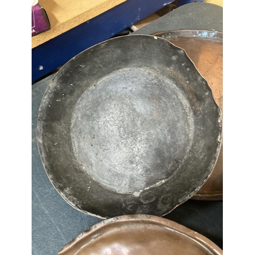 267 - SIX VINTAGE COPPER AND BRASS PANS AND SKILLETS