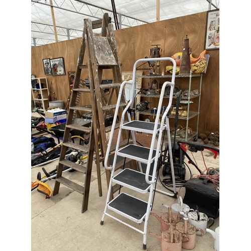 1526 - A TUBULAR METAL SET OF STEP LADDERS AND TWO VINTAGE WOODEN STEP LADDERS