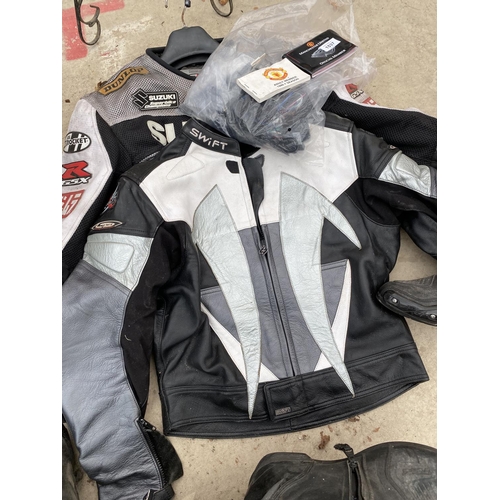 1537 - A LADIES SIZE 14 MOTORBIKE JACKET, A GENTS MOTORBIKE JACKET AND TWO PAIRS OF BOOTS