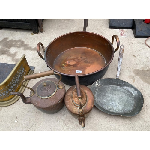 1546 - A LARGE COPPER TWIN HANDLED PAN AND TWO COPPER KETTLES