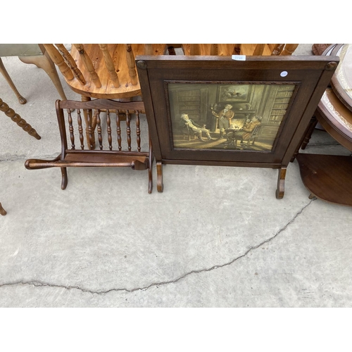 2746 - AN EARLY 20TH CENTURY OAK FIRESCREEN AND MODERN MAGAZINE RACK