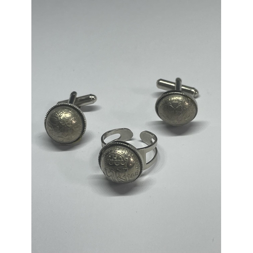 530 - A SIXPENCE RING SIZE Q WITH A PAIR OF MATCHING CUFFLINKS