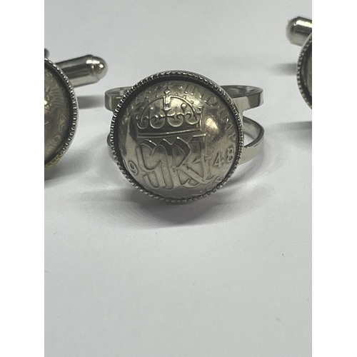 530 - A SIXPENCE RING SIZE Q WITH A PAIR OF MATCHING CUFFLINKS