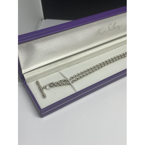 538 - A MARKED SILVER BELCHER CHAIN WITH T BAR IN A PRESENTATION BOX