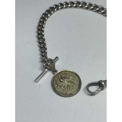 546 - A MARKED SILVER HALF ALBERT CHAIN WITH T BAR AND FOB