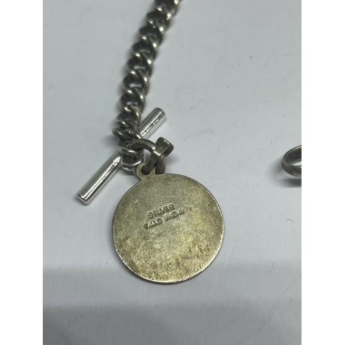 546 - A MARKED SILVER HALF ALBERT CHAIN WITH T BAR AND FOB