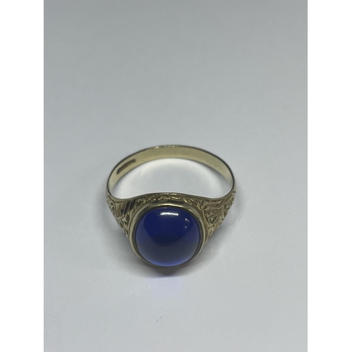 570 - A 9 CARAT GOLD BLUE STONE RING SIZE U IN A PRESENTATION BOX