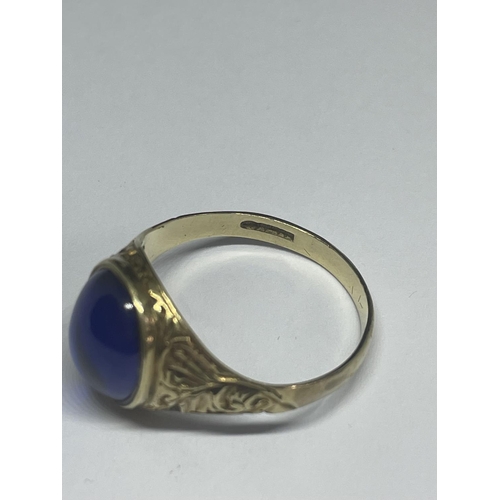 570 - A 9 CARAT GOLD BLUE STONE RING SIZE U IN A PRESENTATION BOX