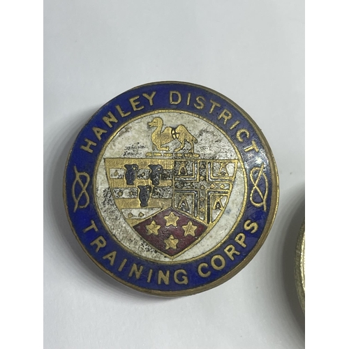 585 - TWO LAPEL BADGES HANLEY TRAINING CORPS AND ONE FOR SWIMMING