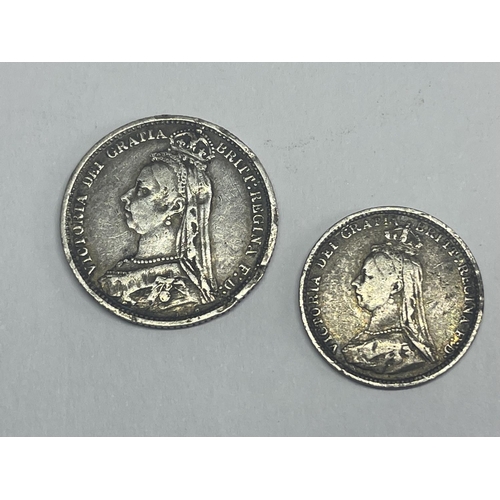 614 - TWO VICTORIAN SILVER COINS TO INCLUDE A SIXPENCE AND A THREEPENCE