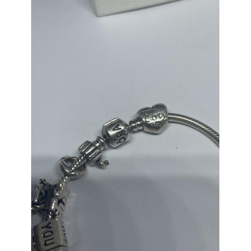 635 - A PANDORA BRACELET WITH SIXTEEN CHARMS IN A PRESENTATION BOX