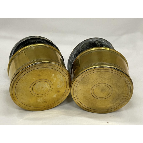 11 - TWO VINTAGE BRASS INKWELLS WITH GLASS LINERS