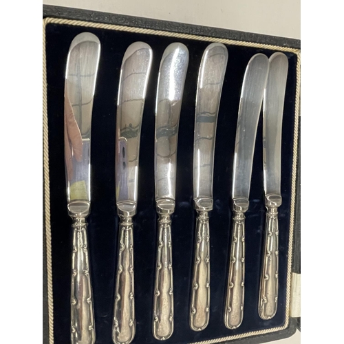 22 - A BOXED SET OF HALLMARKED BIRMINGHAM SILVER BUTTER KNIVES