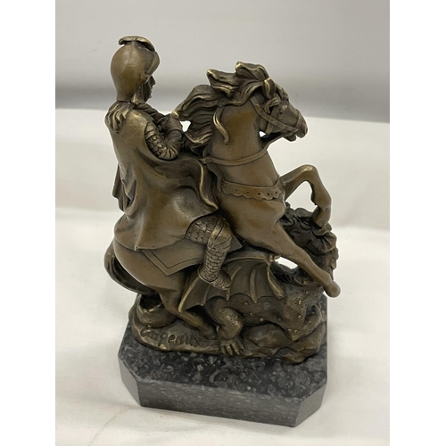 28 - A BRONZE GEORGE AND DRAGON ON A MARBLE BASE SIGNED