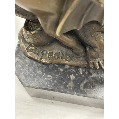 28 - A BRONZE GEORGE AND DRAGON ON A MARBLE BASE SIGNED