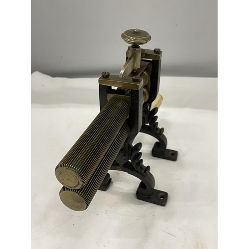 32 - A VICTORIAN BRASS AND CAST CRIMPING MACHINE FOR PLEATING AND RUFFLING LAUNDERED AND STARCHED CUFFS A... 