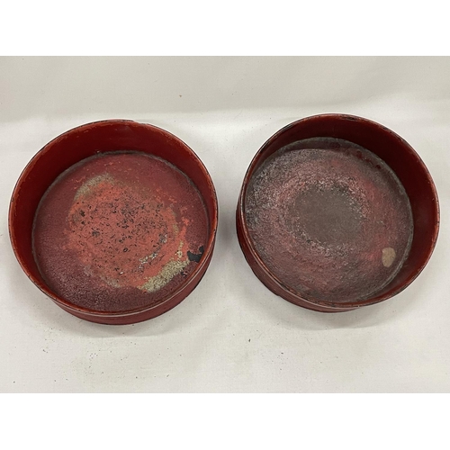 4 - A PAIR OF BELIEVED ENGLISH REGENCY CIRCA 19TH CENTURY WINE COASTERS IN CINNABAR RED LACQUER