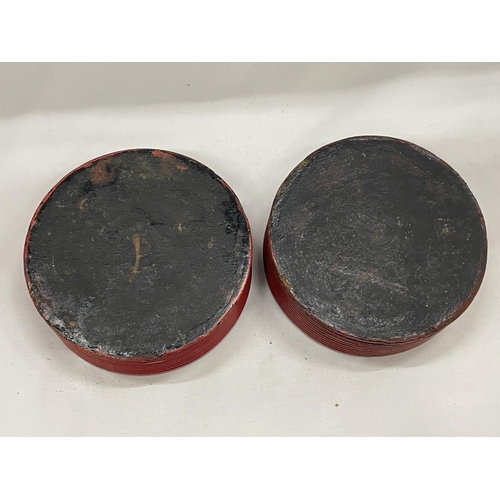 4 - A PAIR OF BELIEVED ENGLISH REGENCY CIRCA 19TH CENTURY WINE COASTERS IN CINNABAR RED LACQUER