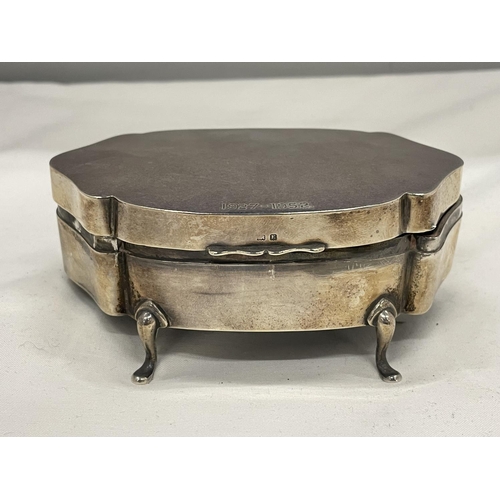 5 - A HALLMARKED BIRMINGHAM SILVER TRINKET BOX ON LEGS WITH A BLUE VELVET INTERIOR GROSS WEIGHT 236 GRAM... 