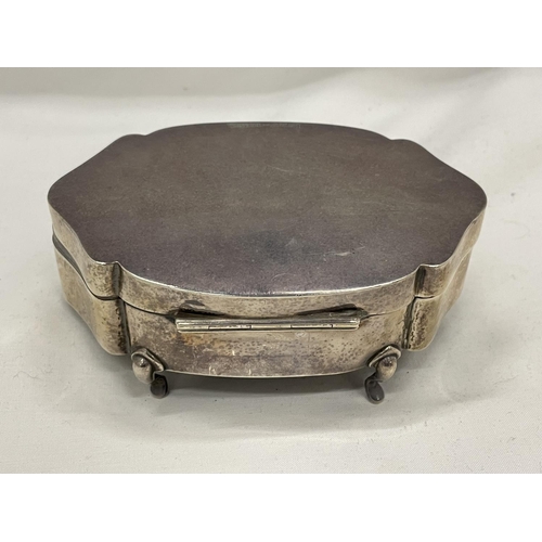 5 - A HALLMARKED BIRMINGHAM SILVER TRINKET BOX ON LEGS WITH A BLUE VELVET INTERIOR GROSS WEIGHT 236 GRAM... 