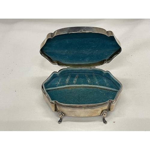 5 - A HALLMARKED BIRMINGHAM SILVER TRINKET BOX ON LEGS WITH A BLUE VELVET INTERIOR GROSS WEIGHT 236 GRAM... 