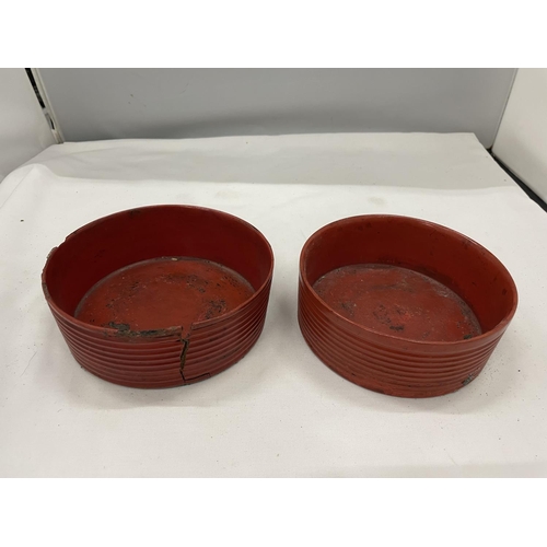 52 - A NEAR PAIR OF BELIEVED ENGLISH REGENCY CIRCA 19TH CENTURY WINE COASTERS IN CINNABAR RED LACQUER