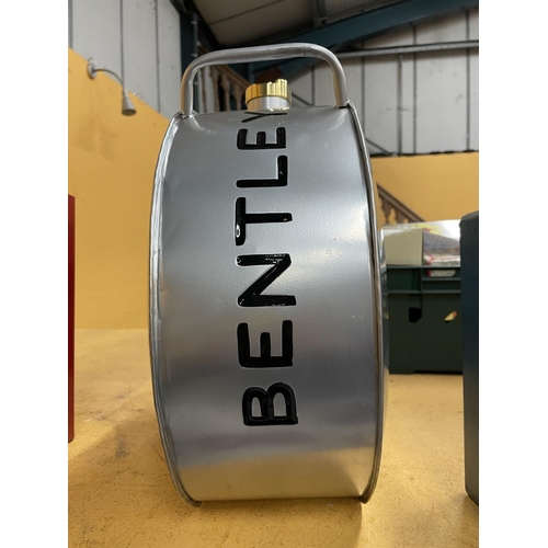 56 - A SILVER COLOURED BENTLEY PETRIL CAN WITH BRASS STOPPER