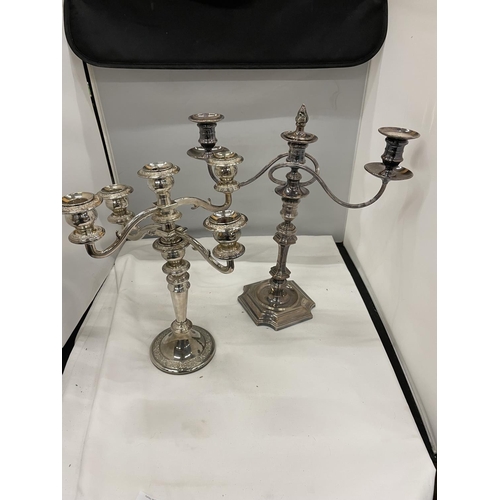 58 - TWO SILVER PLATED CANDELABRAS ONE THREE BRANCH AND ONE FOUR