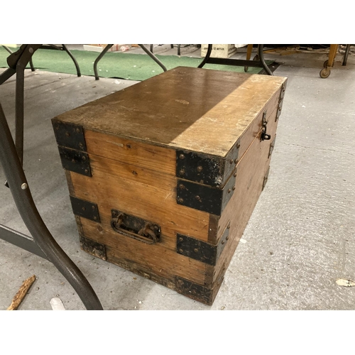 102 - A PINE SMALL CHEST WITH METAL BANDING AND HANDLES HEIGHT 34CM, WIDTH 54CM, DEPTH 34CM