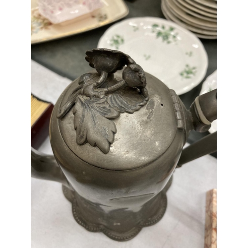 179 - A VINTAGE JAMES DIXON AND SONS PEWTER COFFEE POT WITH FLUTED BOTTOM AND FLOWER FINIAL