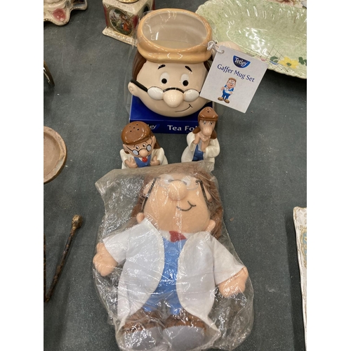 186 - A COLLECTION OF TETLEY TEA ITEMS TO INCLUDE A 'GAFFER' MUG SET WITH CRUETS AND A 'GAFFER' CUDDLY TOY