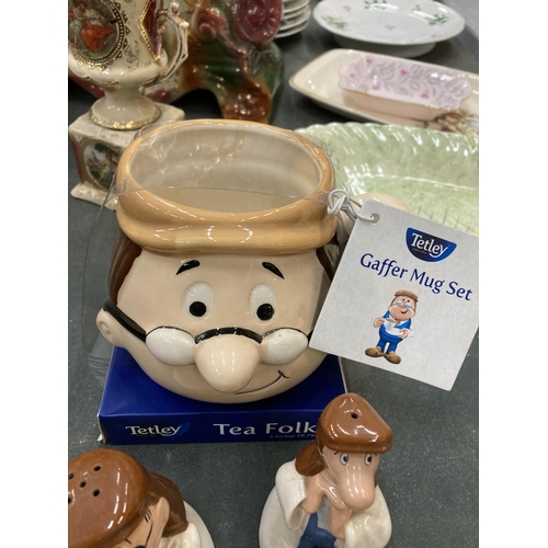 186 - A COLLECTION OF TETLEY TEA ITEMS TO INCLUDE A 'GAFFER' MUG SET WITH CRUETS AND A 'GAFFER' CUDDLY TOY