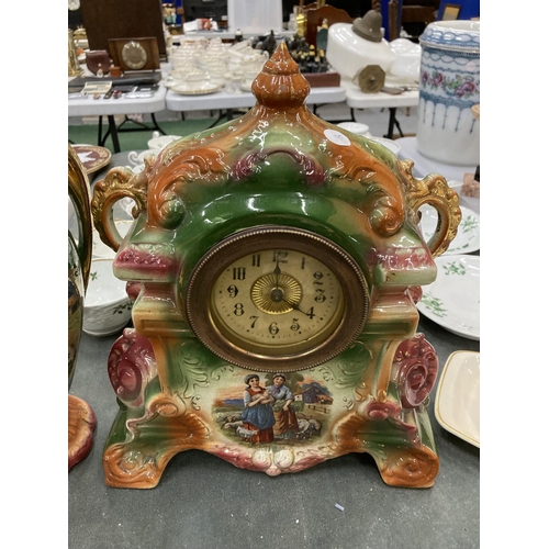 188 - A VINTAGE MATCHING CLOCK AND VASE WITH IN GREEN WITH PAINTED FRONT, A ROYAL VIENNA LIDDED URN AND A ... 