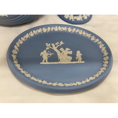 201 - THREE PIECES OF WEDGWOOD POWDER BLUE JASPERWARE TO INCLUDE A BOWL, DIAMETER 18CM, AN OVAL PLAQUE AND... 