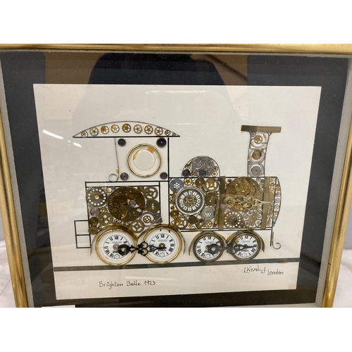 202 - THREE FRAMED HOROLOGICAL COLLAGES - ROLLS ROYCE SILVER GHOST, BRIGHTON BELLE AND A PENNY FARTHING