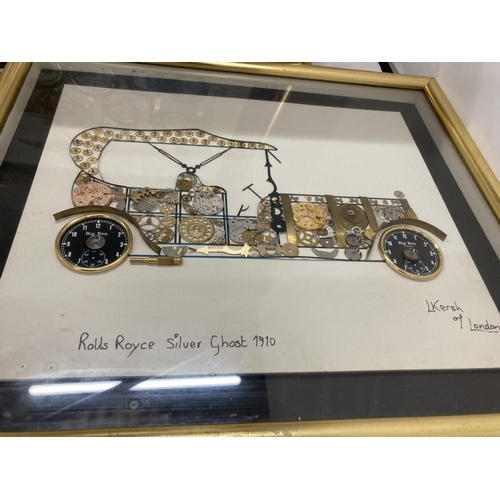 202 - THREE FRAMED HOROLOGICAL COLLAGES - ROLLS ROYCE SILVER GHOST, BRIGHTON BELLE AND A PENNY FARTHING