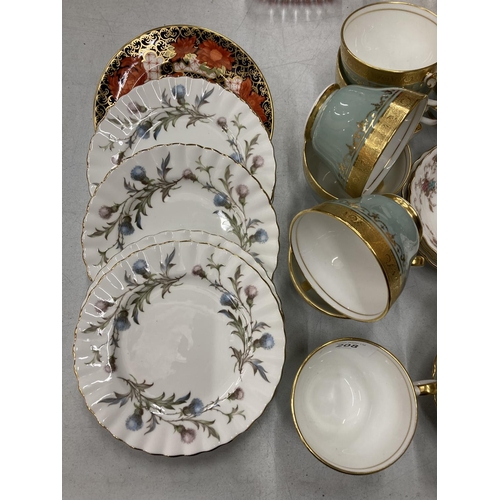 208 - A QUANTITY OF AYNSLEY CUPS PLUS A ROYAL CROWN DERBY 'PEONY' PLATE, ROYAL ALBERT 'BRIGADOON' PLATES, ... 