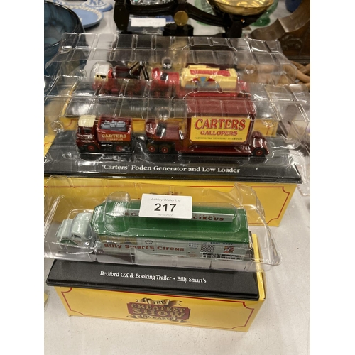 217 - THREE DIE-CAST 'THE GREATEST SHOW' VEHICLES TO INCLUDE BILLY SMART'S BEDFORD OX AND BOOKING TRAILER,... 