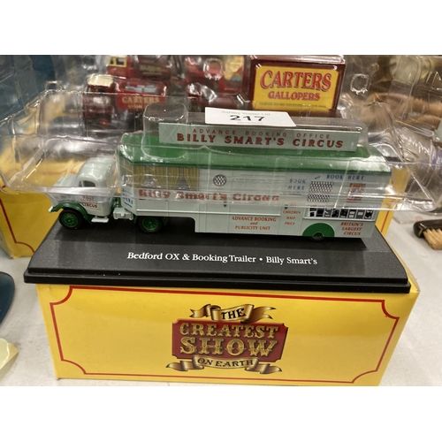 217 - THREE DIE-CAST 'THE GREATEST SHOW' VEHICLES TO INCLUDE BILLY SMART'S BEDFORD OX AND BOOKING TRAILER,... 