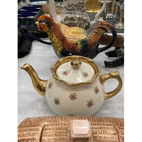 237 - FOUR COLLECTABLE TEAPOTS TO INCLUDE ARTHUR WOOD FLORAL AND GILT PATTERNED, A ROOSTER, MYOTT'S 'COUNT... 