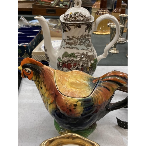 237 - FOUR COLLECTABLE TEAPOTS TO INCLUDE ARTHUR WOOD FLORAL AND GILT PATTERNED, A ROOSTER, MYOTT'S 'COUNT... 