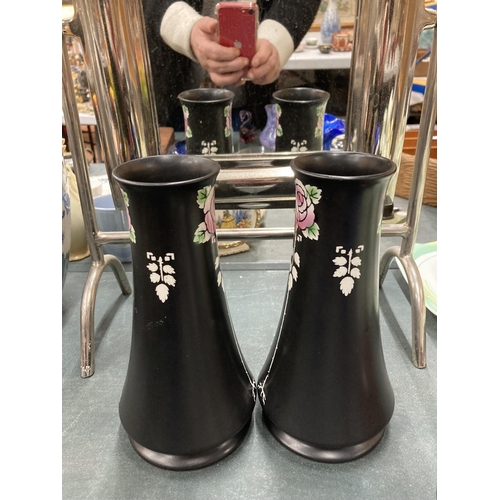 65 - A PAIR OF VINTAGE SHELLEY VASES - BLACK WITH PINK ROSE DETAIL - HEIGHT 22CM