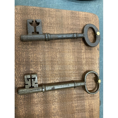 67 - AN ANTIQUE SET OF RESTORED AND MOUNTED MORTICE LOCK KEYS - 19TH CENTURY