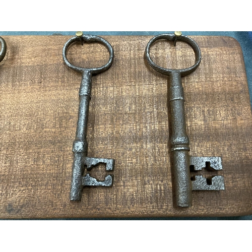 67 - AN ANTIQUE SET OF RESTORED AND MOUNTED MORTICE LOCK KEYS - 19TH CENTURY