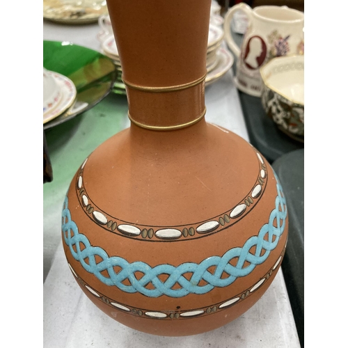 89 - A MINTON TERRACOTTA VASE WITH AZTEC STYLE PATTERN HEIGHT 22CM