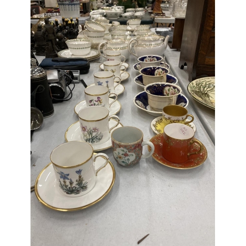 97 - A QUANTITY OF CHINA CUPS AND SAUCERS TO INCLUDE GAUDY WELSH, ROYAL WORCESTER COFFEE CANS AND SAUCERS... 