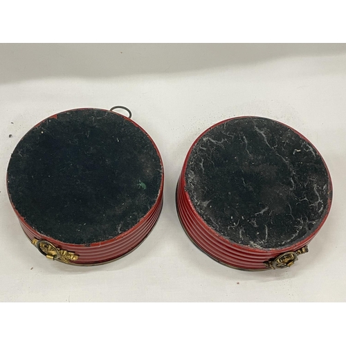 1 - A PAIR OF BELIEVED ENGLISH REGENCY CIRCA 19TH CENTURY WINE COASTERS IN CINNABAR RED LACQUER WITH HAN... 